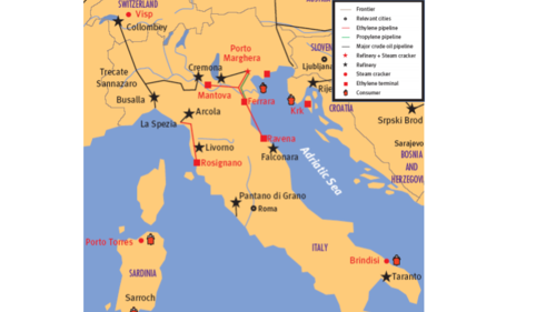 Polimeri Europa operates two ethylene pipelines on the Sicilian territory allowing ethylene to
be transferred from the Priolo site to the Ragusa and Gela sites. Polimeri Europa also
interconnected its sites in the North East of Italy: Ethylene supply from the naphtha cracker to
Mantua and Ravena via Ferrara is secured by the naphtha cracker on the Porto Marghera
site. Only the Ferrara site is also linked to the cracker by a propylene pipeline. Ferrara
supplies Ravena with ammonia.